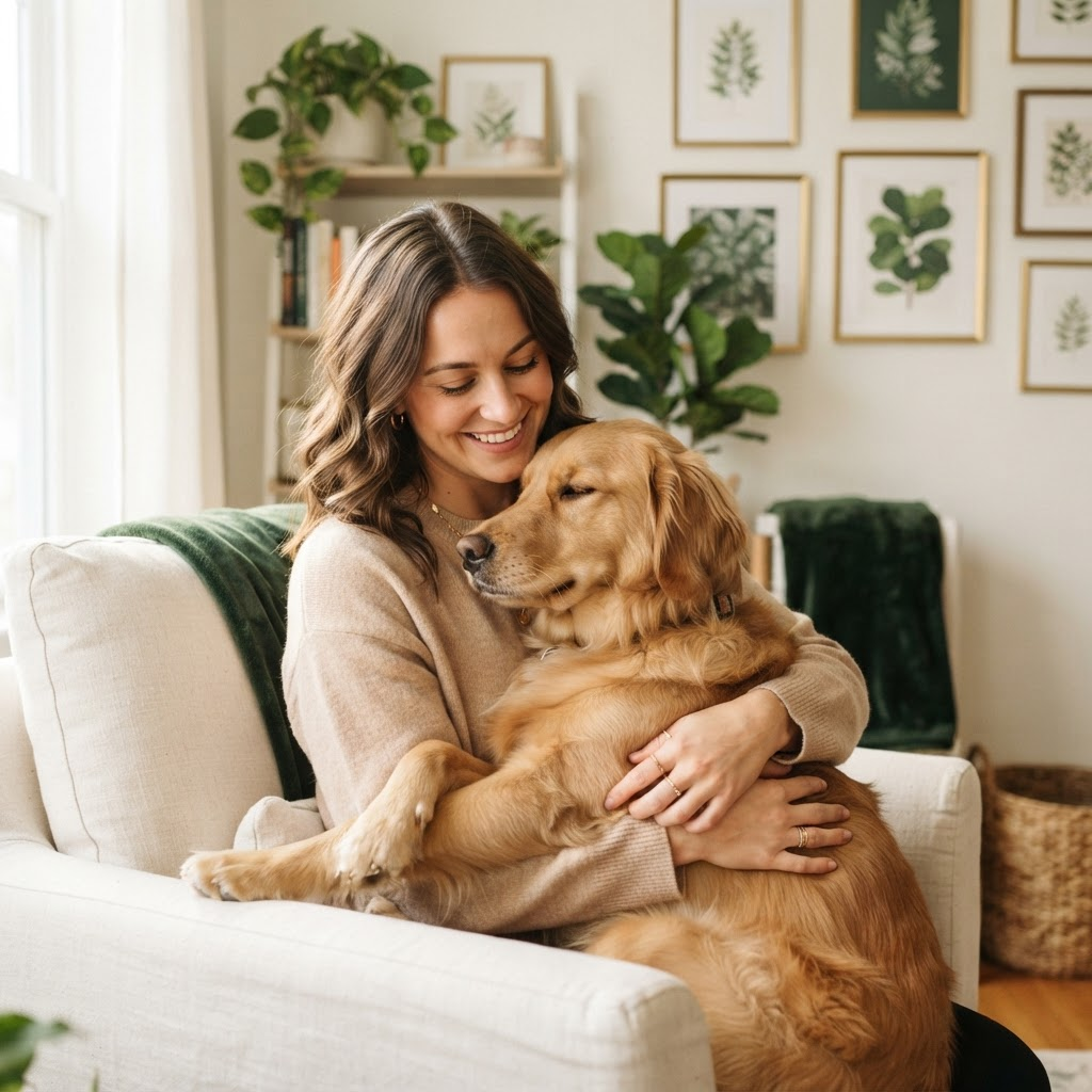 Persona sonriente abrazando a su perro sano en un ambiente hogareño