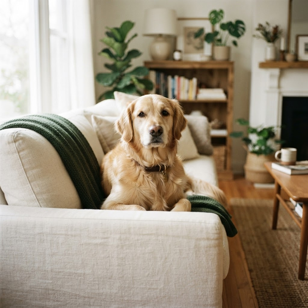 Perro sano y contento en un living luminoso